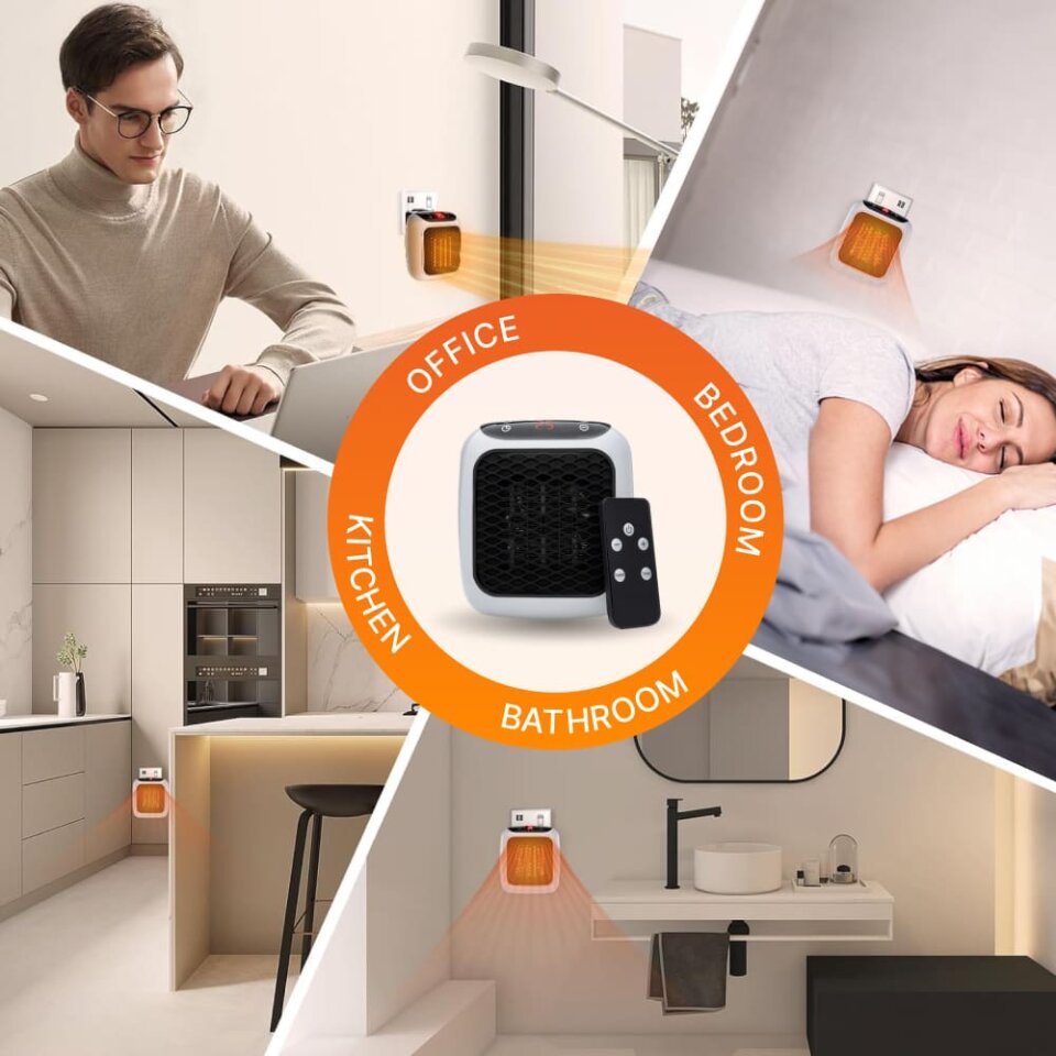 VelaWarm compact ceramic plug-in heater with digital thermostat and remote control for fast home heating